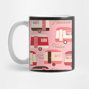 Repeat pattern of vintage caravans in retro colours on pink Mug